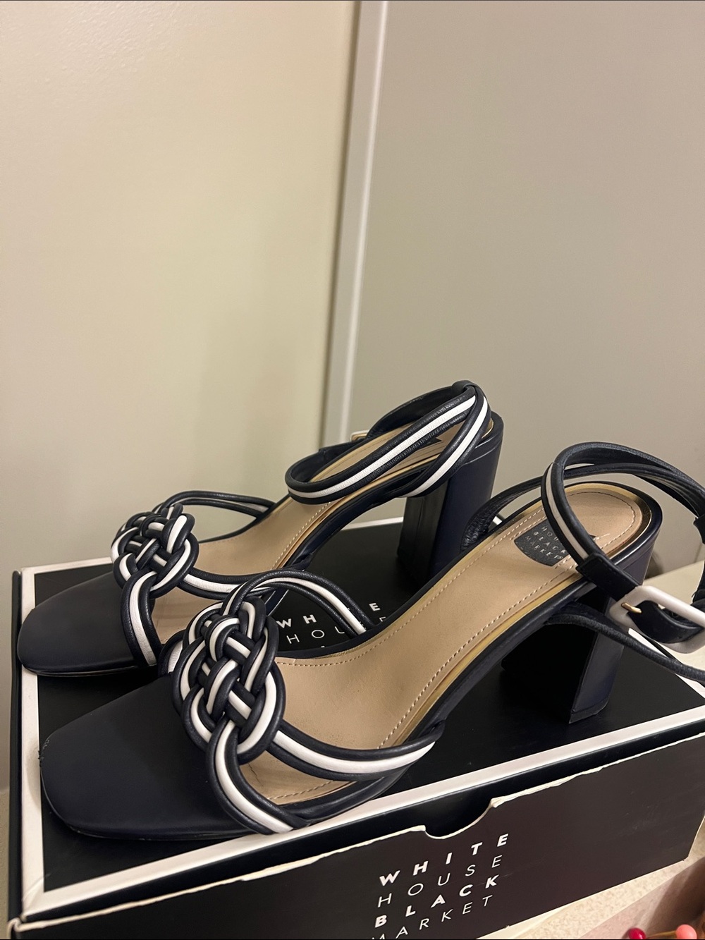 White House Black Market Black and White Braided Strap Block Heel Sandals
